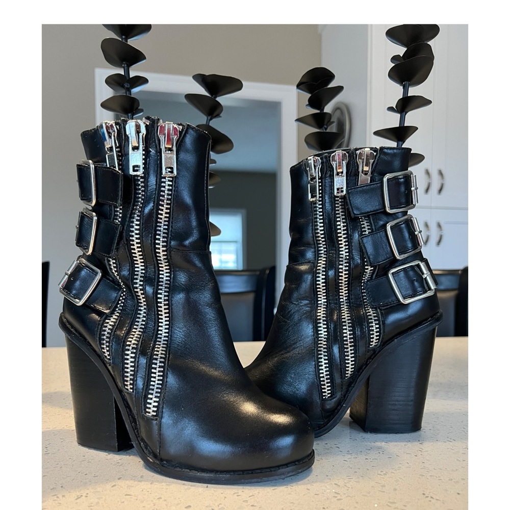 Black Leather Ankle Boots with Buckle Detail - Picture 9 of 16
